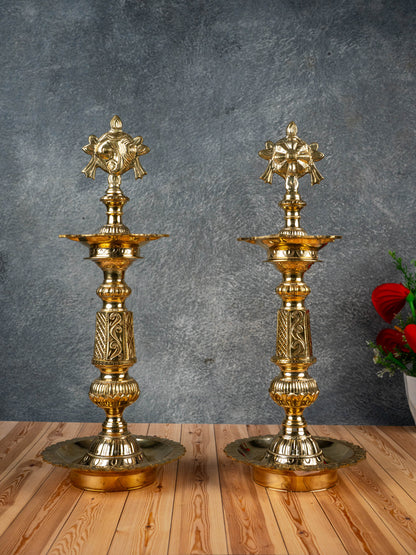 Brass Shankh Chakra Kuthu Vilakku - 16 inch - WL5505