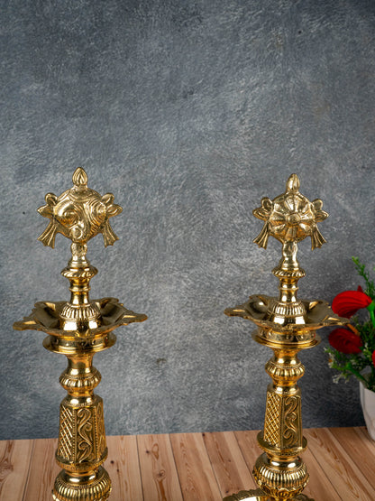 Brass Shankh Chakra Kuthu Vilakku - 16 inch - WL5505