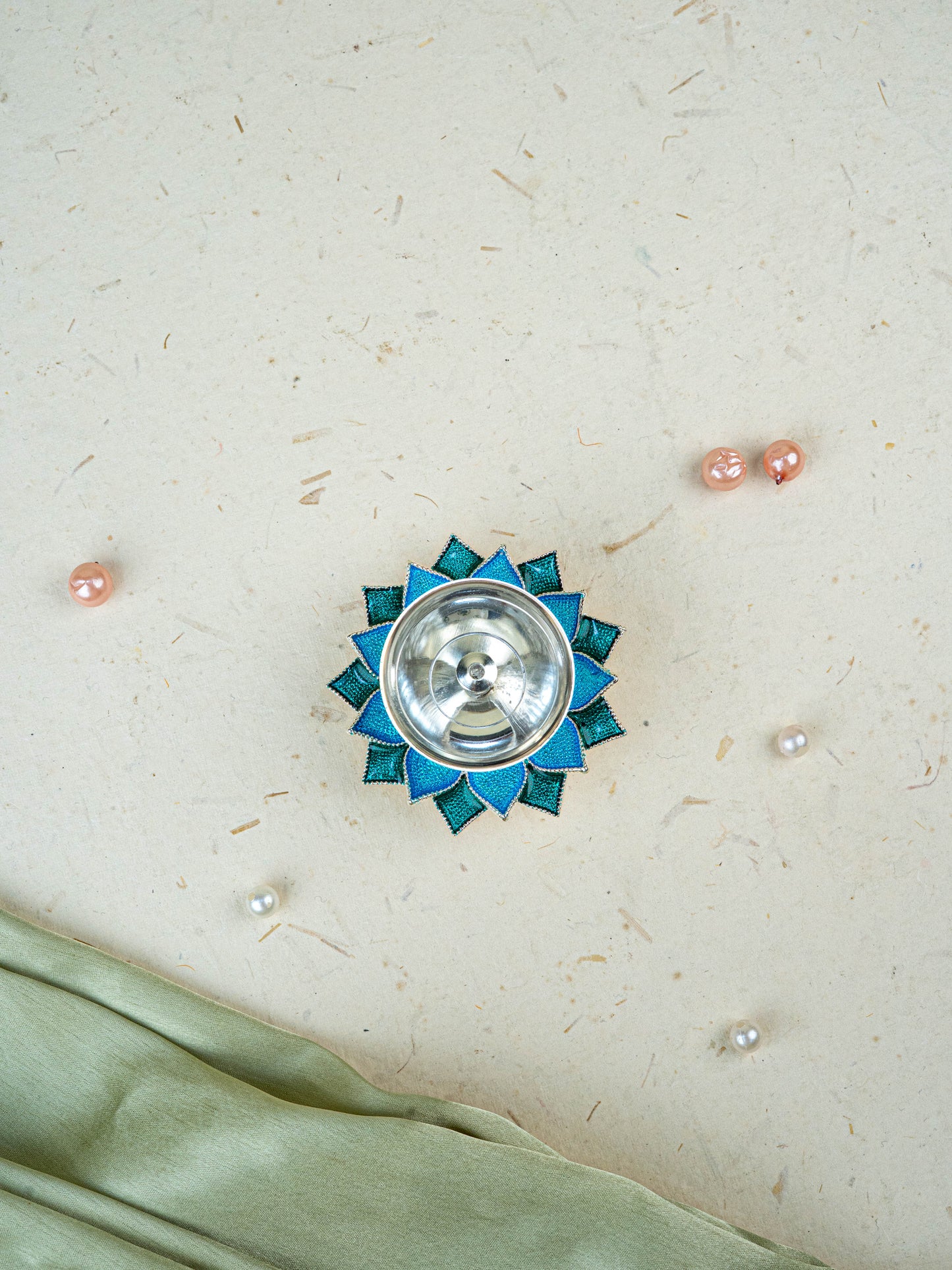 White Metal Floral Diya - Blue - WL5534-1