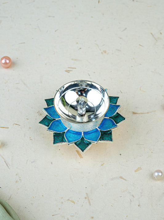 White Metal Floral Diya - Blue - WL5534-1