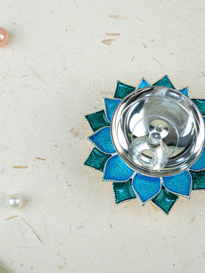 White Metal Floral Diya - Blue - WL5534-1