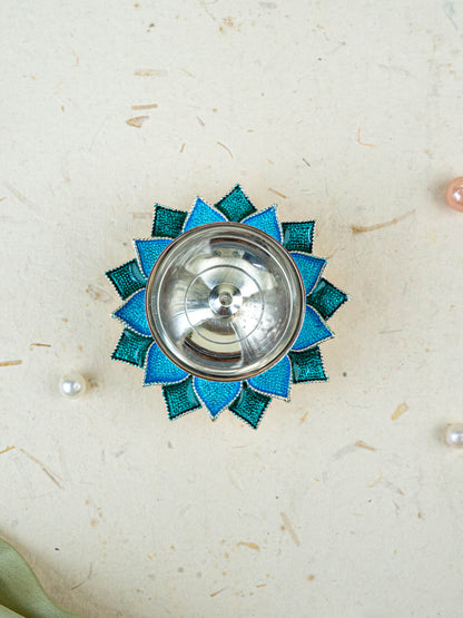 White Metal Floral Diya - Blue - WL5534-1
