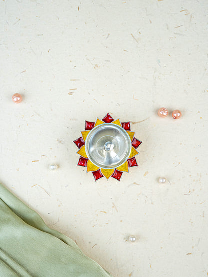 White Metal Floral Diya - Red - WL5534-2