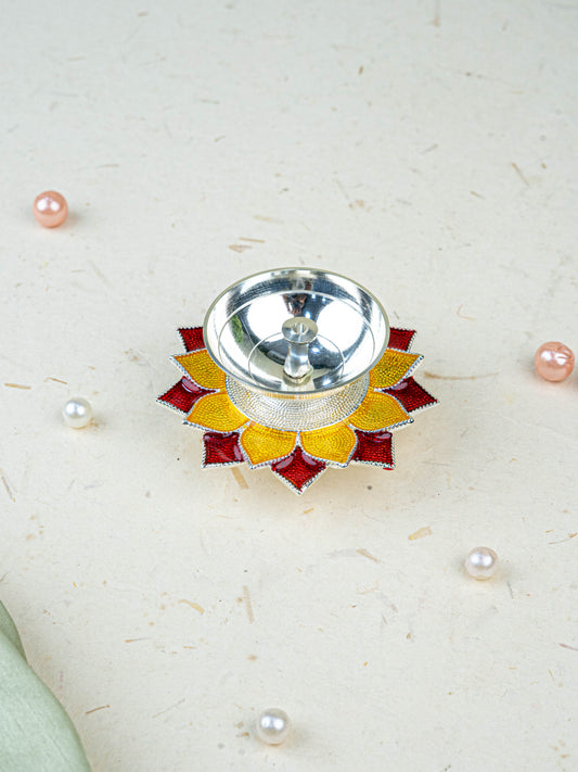 White Metal Floral Diya - Red - WL5534-2