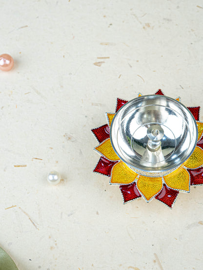 White Metal Floral Diya - Red - WL5534-2