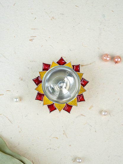 White Metal Floral Diya - Red - WL5534-2