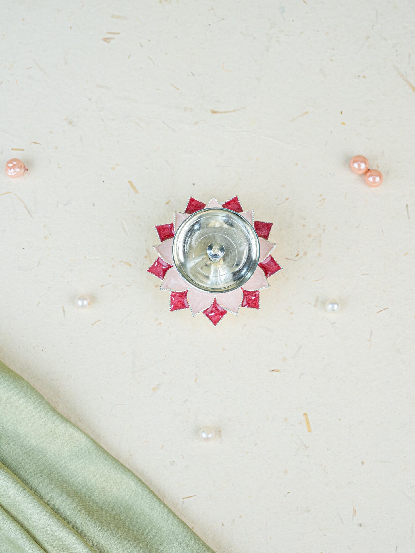 White Metal Floral Diya - Pink - WL5534-3