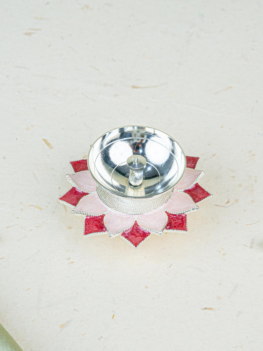 White Metal Floral Diya - Pink - WL5534-3