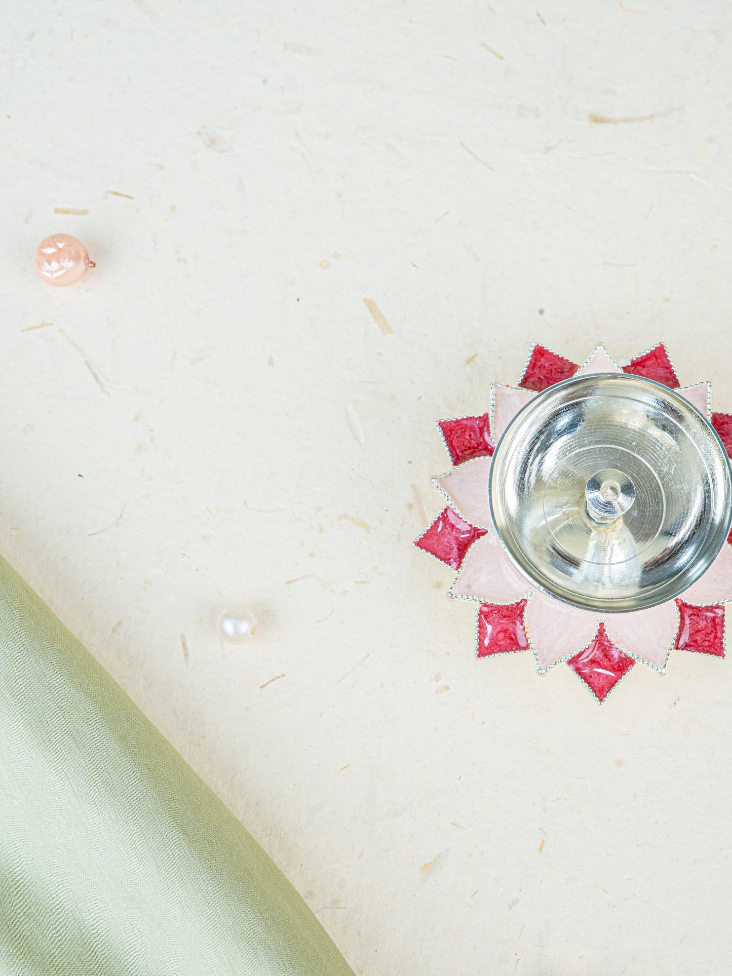 White Metal Floral Diya - Pink - WL5534-3