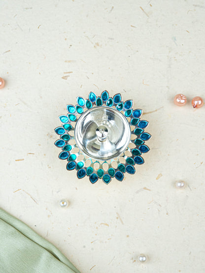 White Metal Designer Diya - Blue - WL5535-2