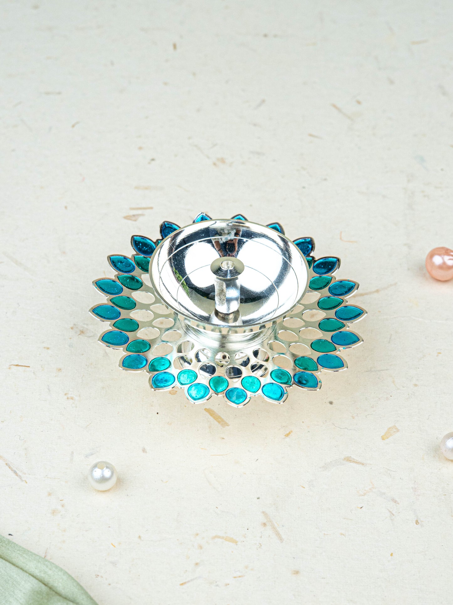 White Metal Designer Diya - Blue - WL5535-2
