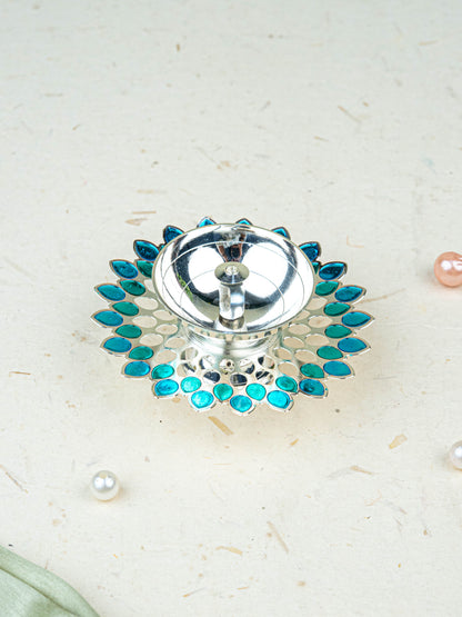 White Metal Designer Diya - Blue - WL5535-2