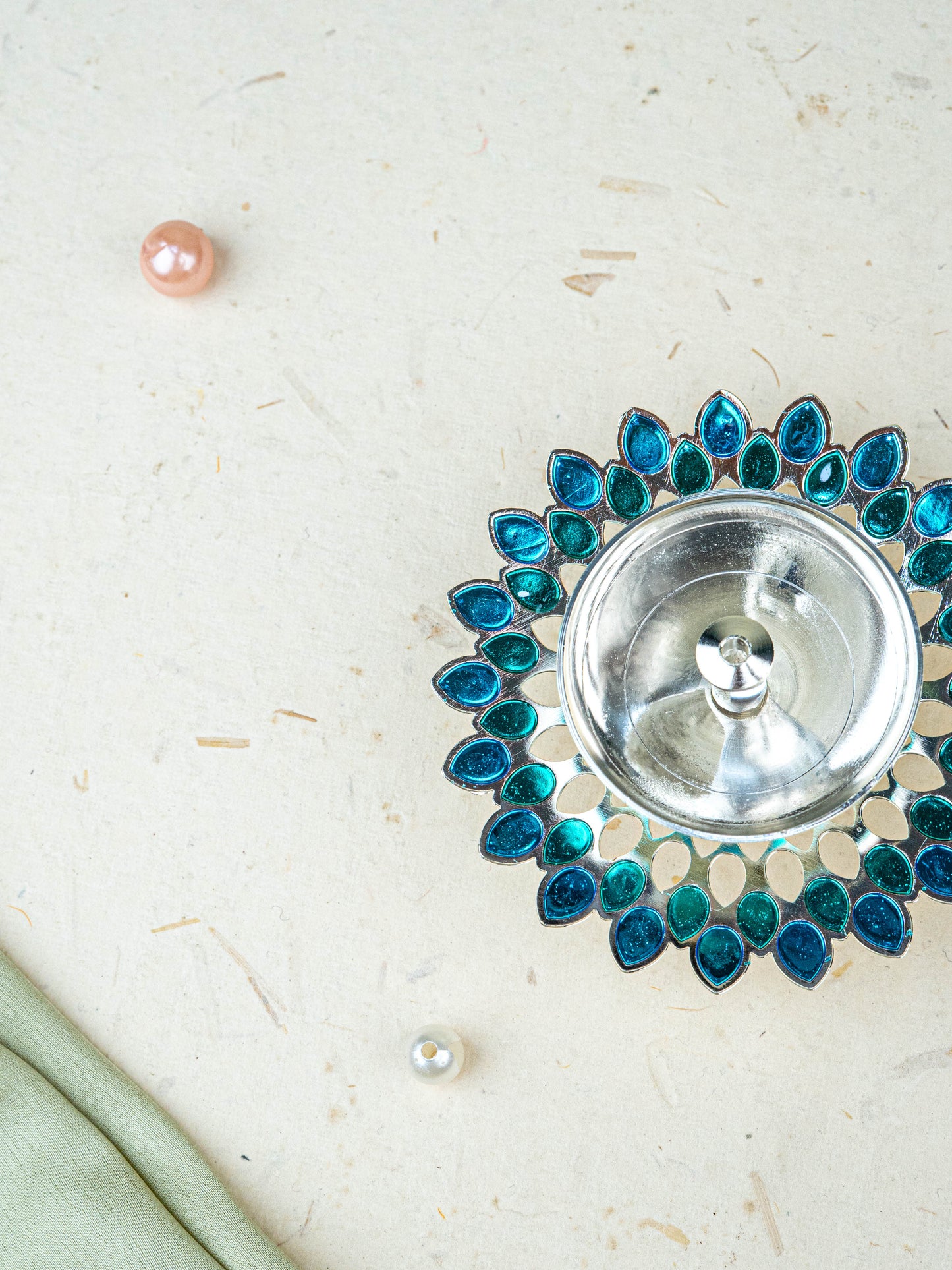 White Metal Designer Diya - Blue - WL5535-2