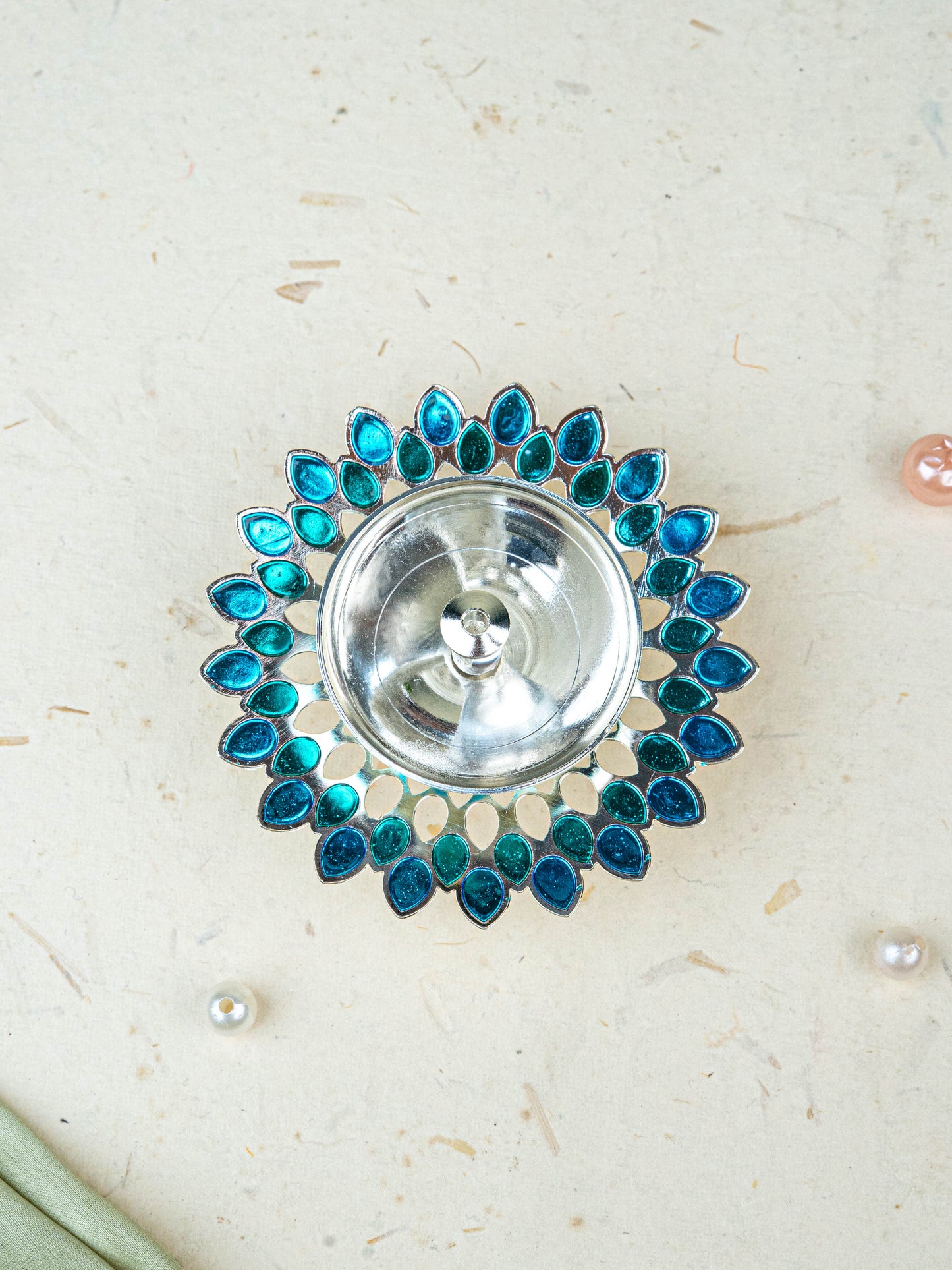 White Metal Designer Diya - Blue - WL5535-2