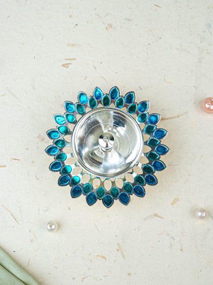 White Metal Designer Diya - Blue - WL5535-2