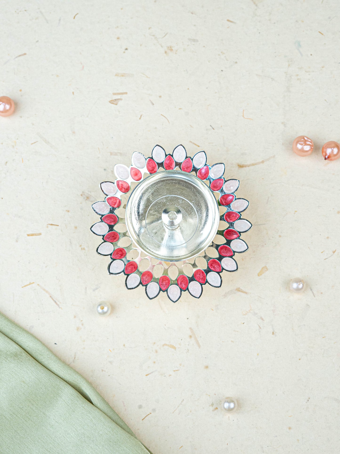 White Metal Designer Diya - Pink - WL5535-1
