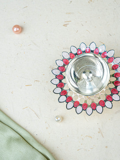 White Metal Designer Diya - Pink - WL5535-1