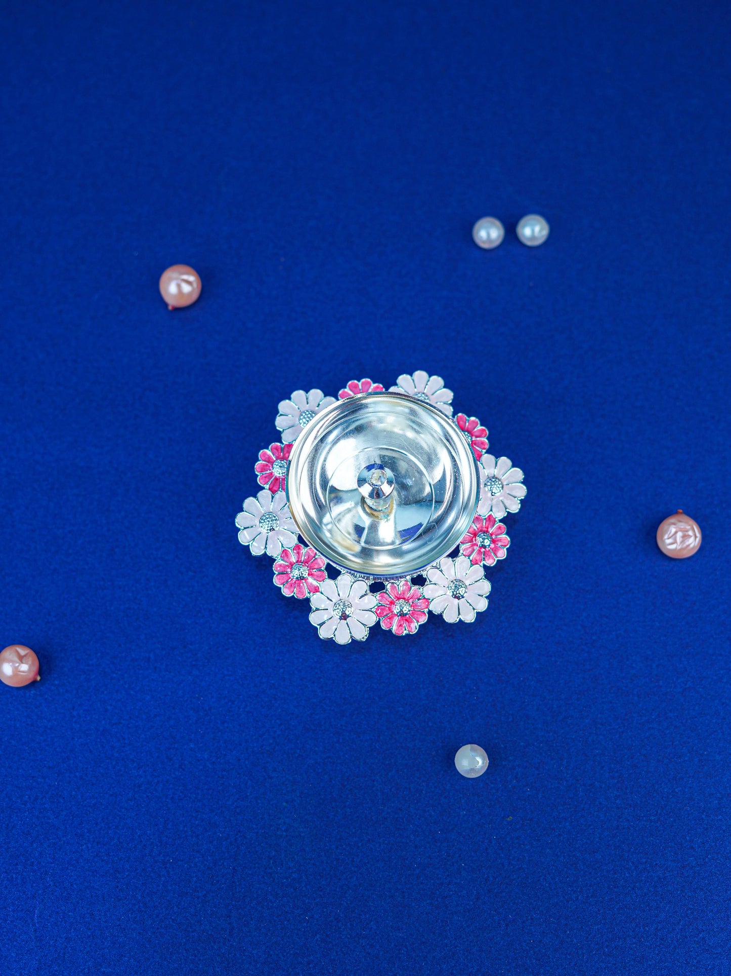 White Metal Floral Diya - Pink - WL5551-1