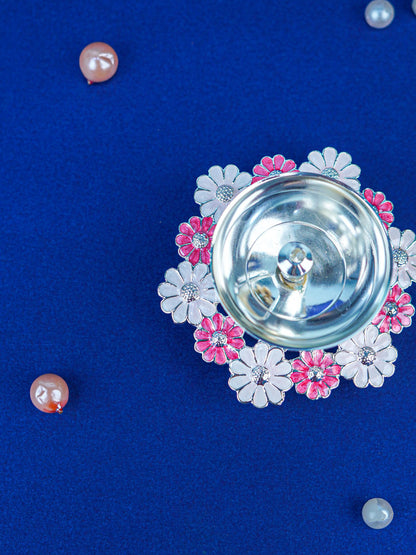 White Metal Floral Diya - Pink - WL5551-1