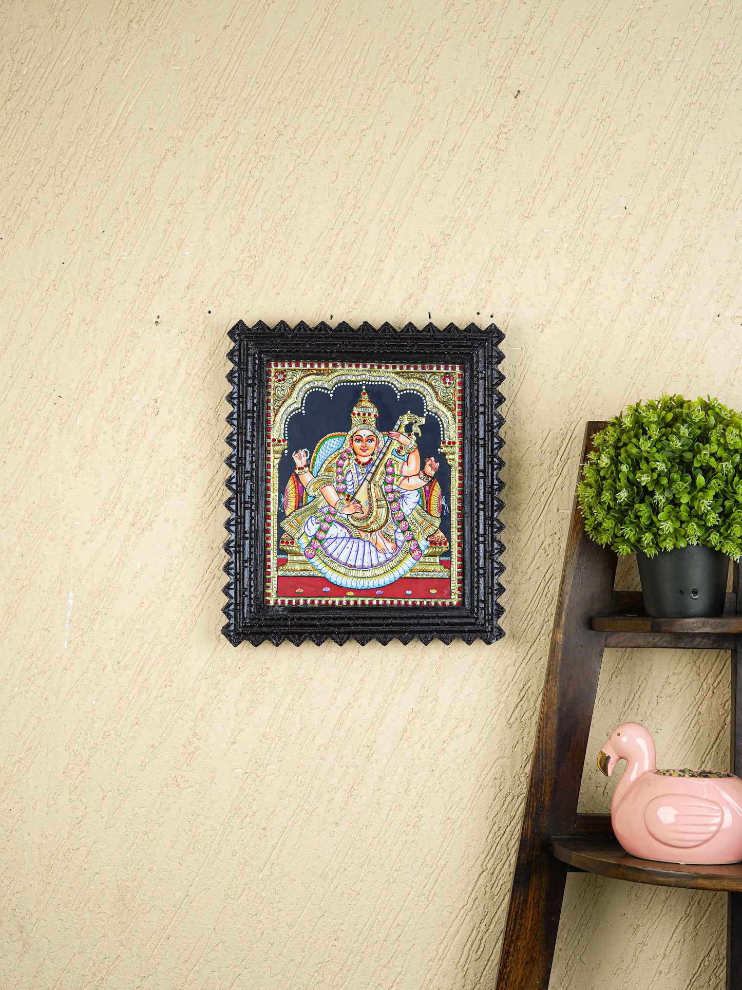 Tanjore Painting (Chettinad Frame) - Saraswathi - Semi Embossed  - 12x10 inch - WL5576