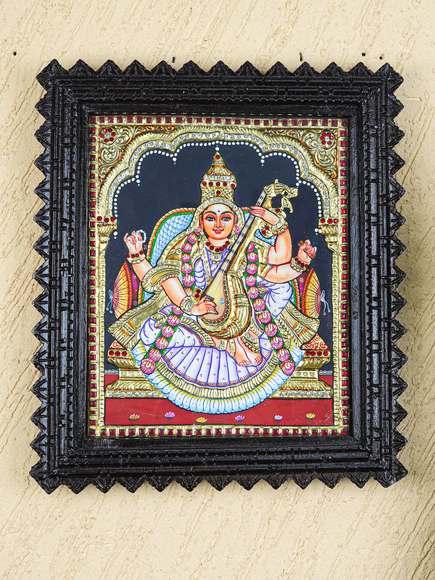 Tanjore Painting (Chettinad Frame) - Saraswathi - Semi Embossed  - 12x10 inch - WL5576