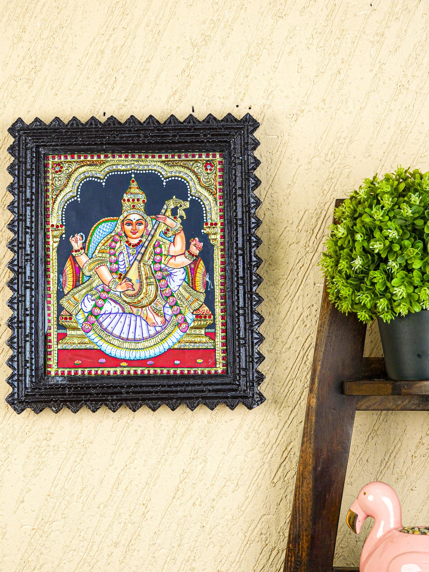 Tanjore Painting (Chettinad Frame) - Saraswathi - Semi Embossed  - 12x10 inch - WL5576