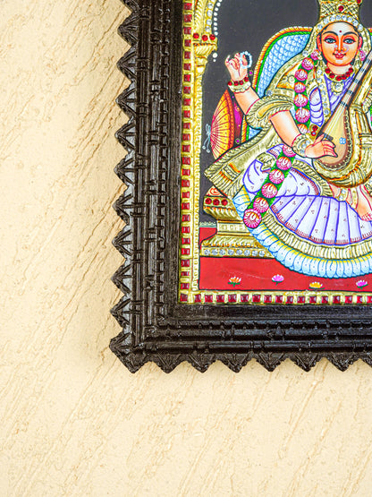 Tanjore Painting (Chettinad Frame) - Saraswathi - Semi Embossed  - 12x10 inch - WL5576