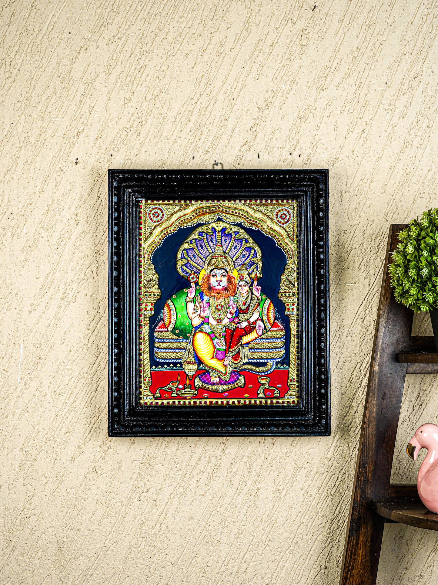 Tanjore Painting - Lakshmi Narasimhar - Semi Embossed - 15x12 inch - WL5577