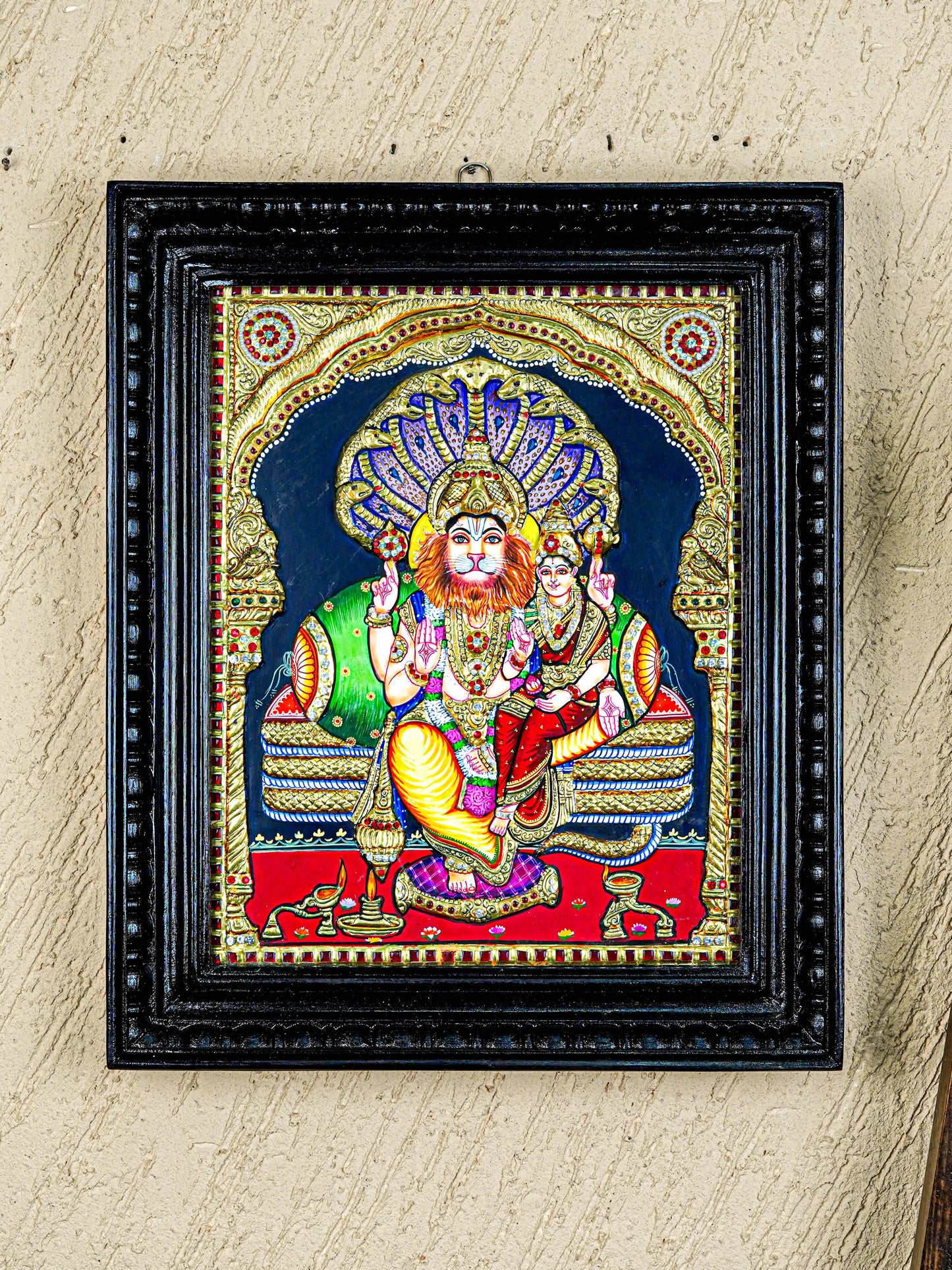 Tanjore Painting - Lakshmi Narasimhar - Semi Embossed - 15x12 inch - WL5577