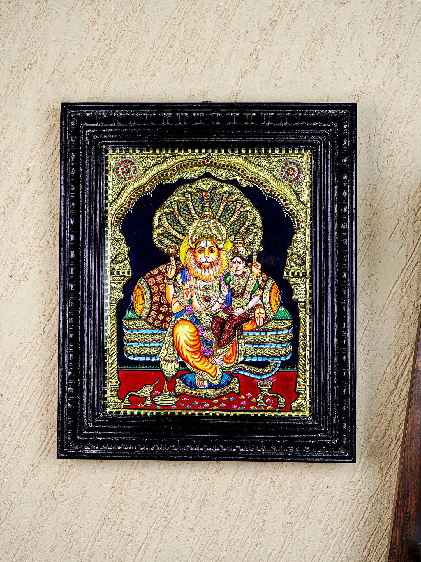Tanjore Painting - Lakshmi Narasimhar - Semi Embossed - 15x12 inch - WL5577
