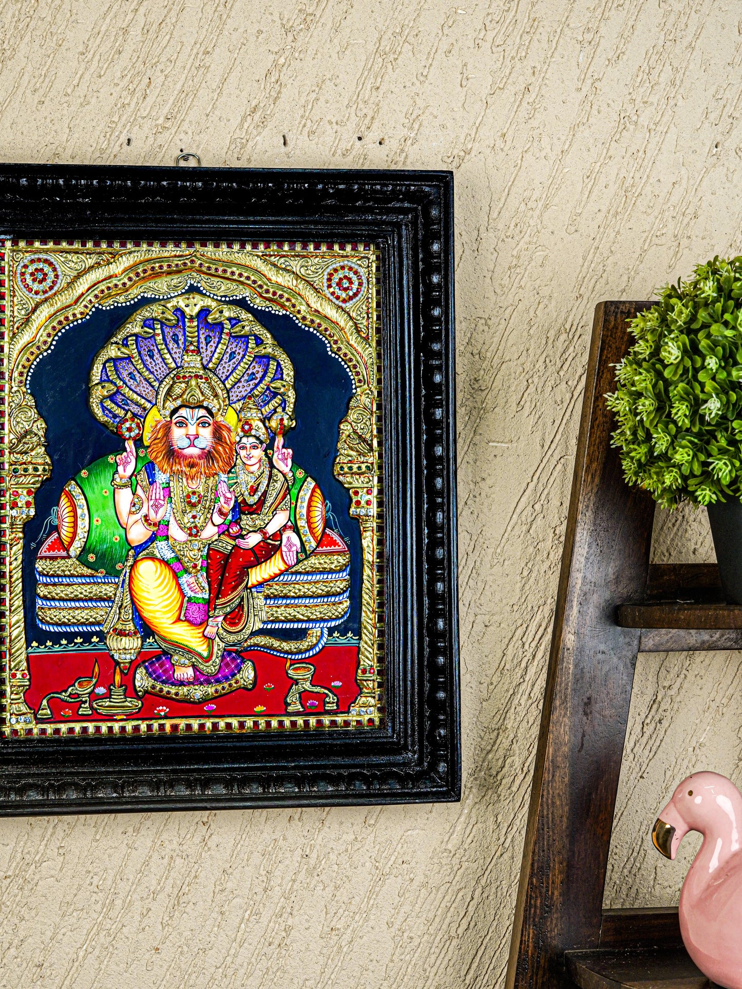 Tanjore Painting - Lakshmi Narasimhar - Semi Embossed - 15x12 inch - WL5577