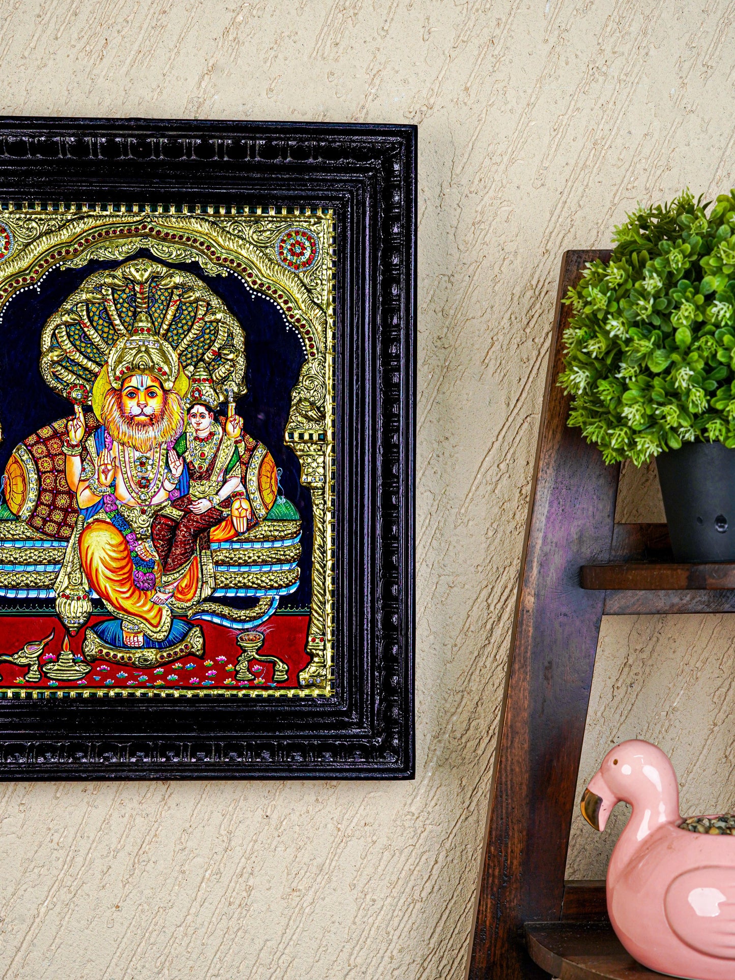 Tanjore Painting - Lakshmi Narasimhar - Semi Embossed - 15x12 inch - WL5577