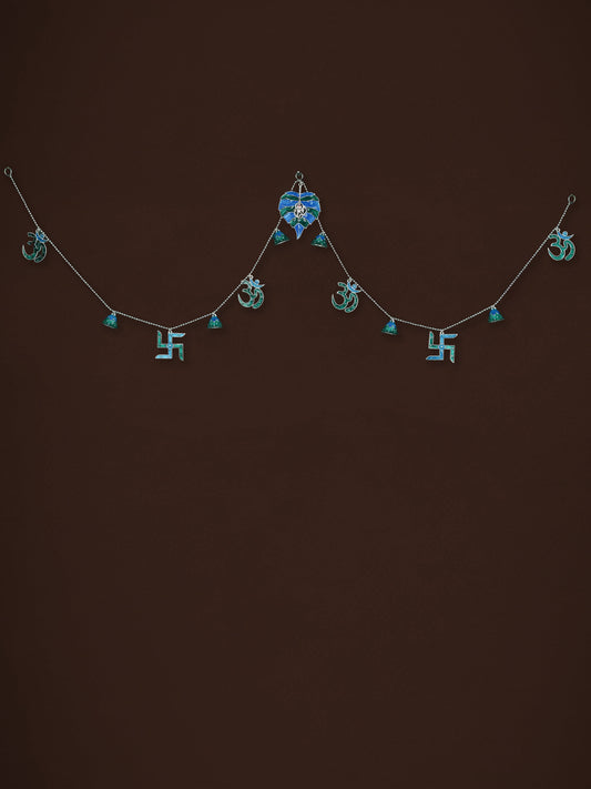 White Metal Thoran with Ganesha & Bell - Blue - WL5583-2