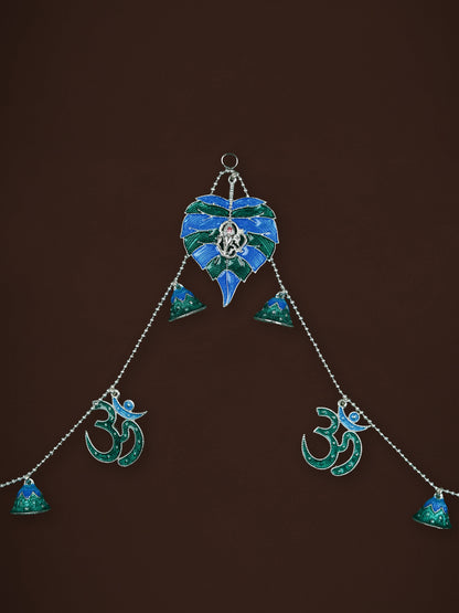 White Metal Thoran with Ganesha & Bell - Blue - WL5583-2