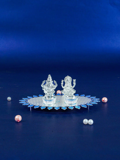 White Metal Lakshmi Ganesha Kumkum Holder - Blue - WL5586-2