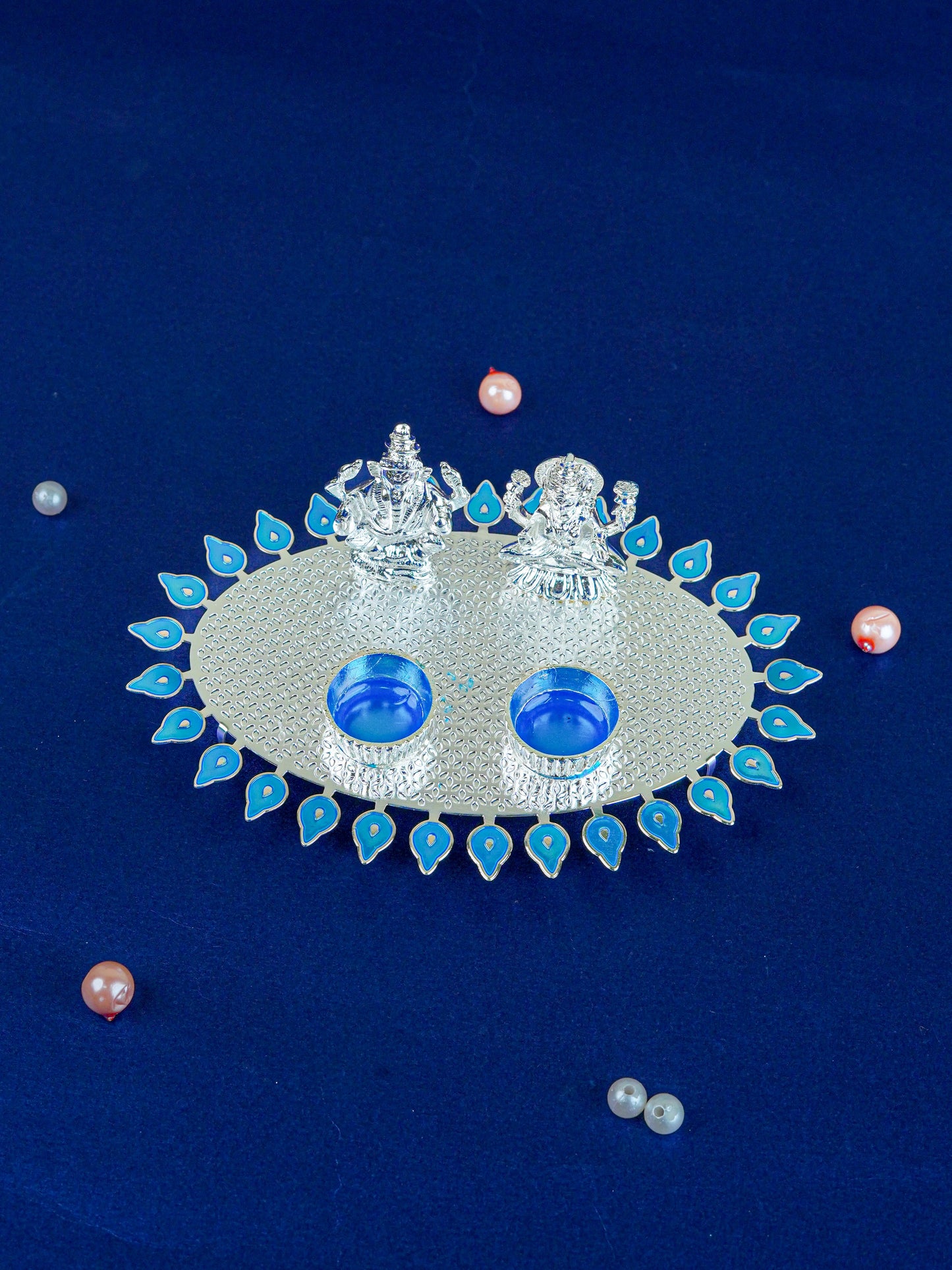 White Metal Lakshmi Ganesha Kumkum Holder - Blue - WL5586-2