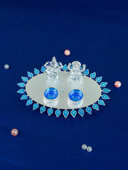 White Metal Lakshmi Ganesha Kumkum Holder - Blue - WL5586-2