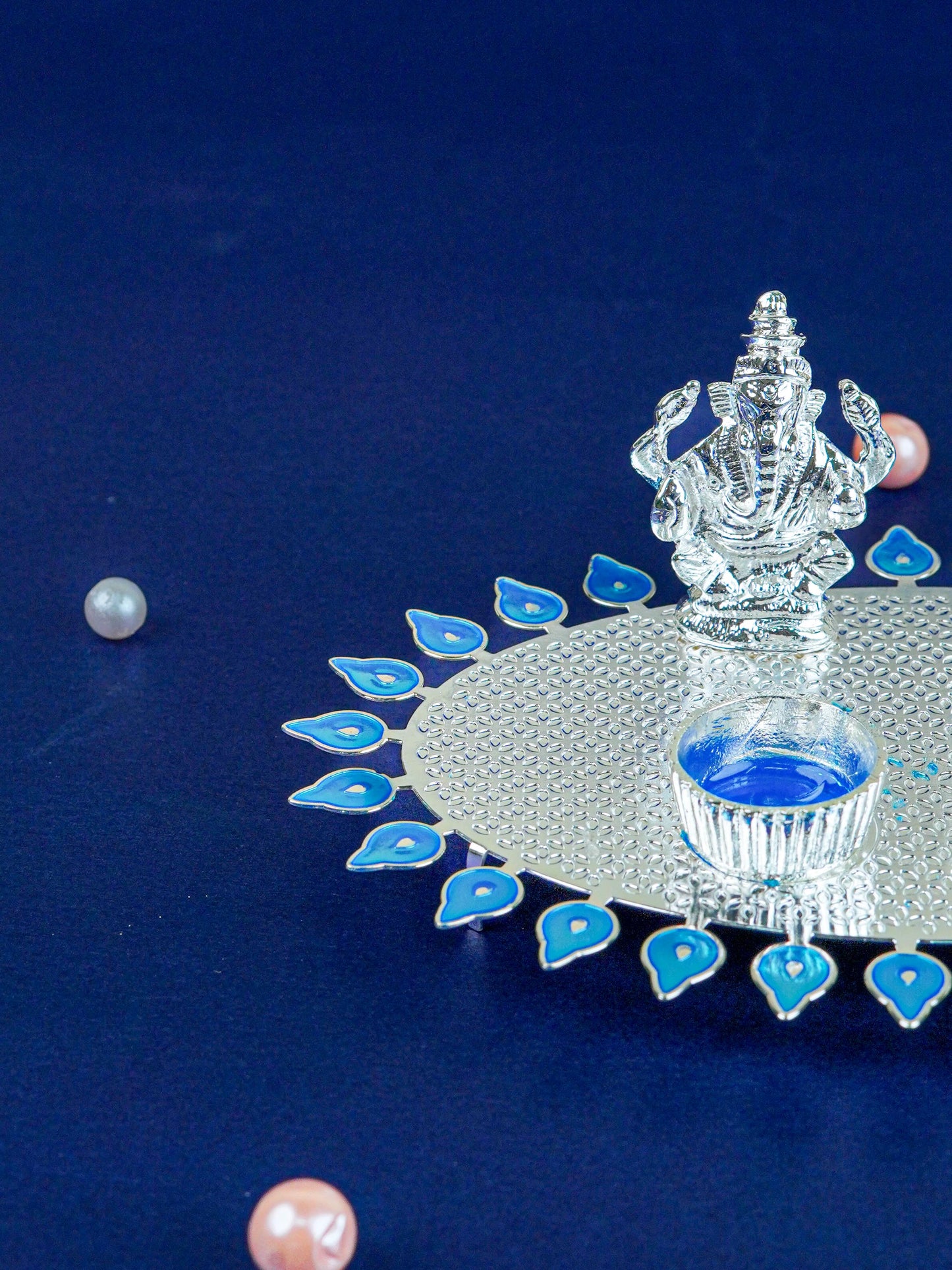 White Metal Lakshmi Ganesha Kumkum Holder - Blue - WL5586-2