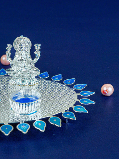 White Metal Lakshmi Ganesha Kumkum Holder - Blue - WL5586-2