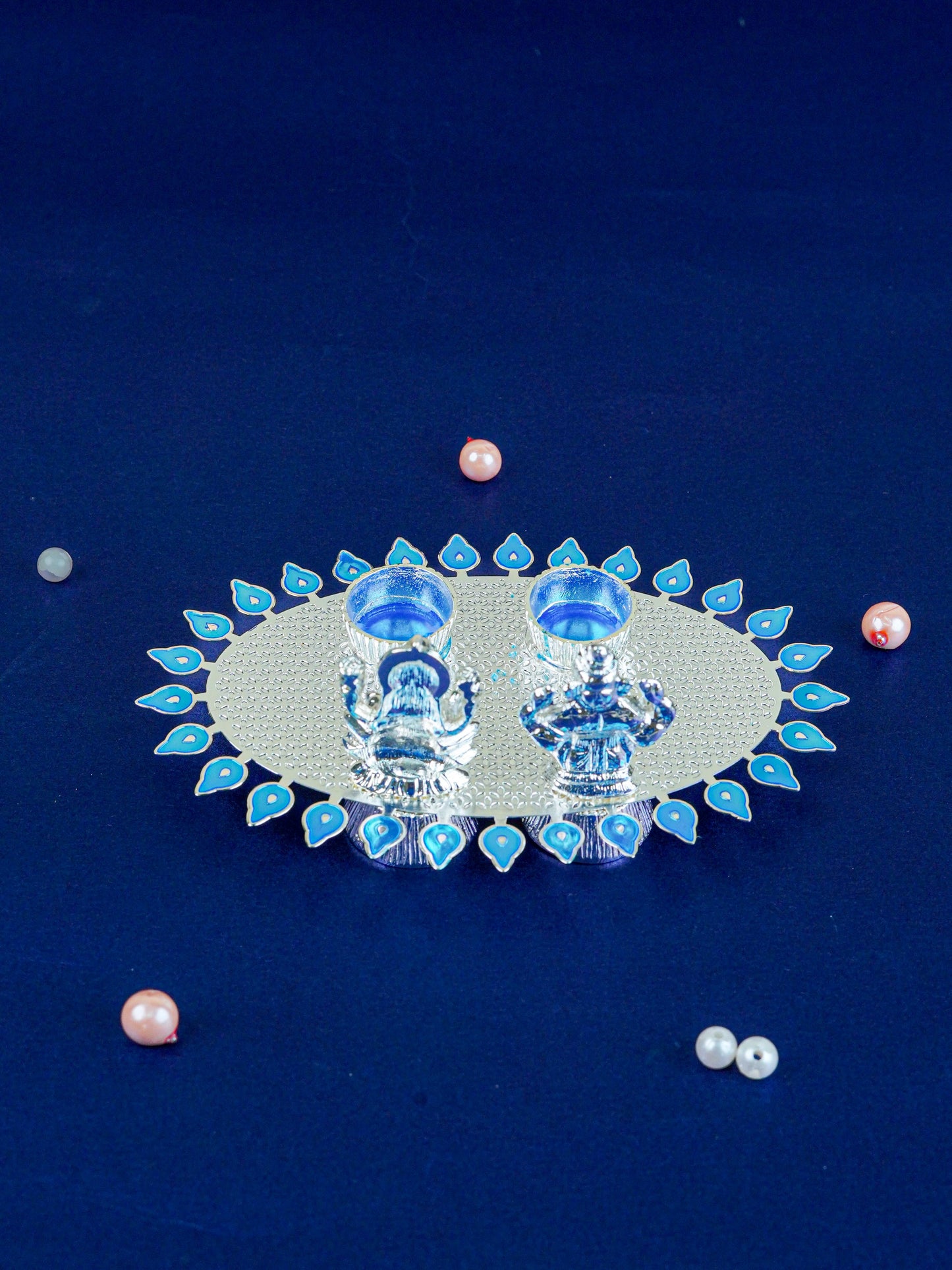White Metal Lakshmi Ganesha Kumkum Holder - Blue - WL5586-2