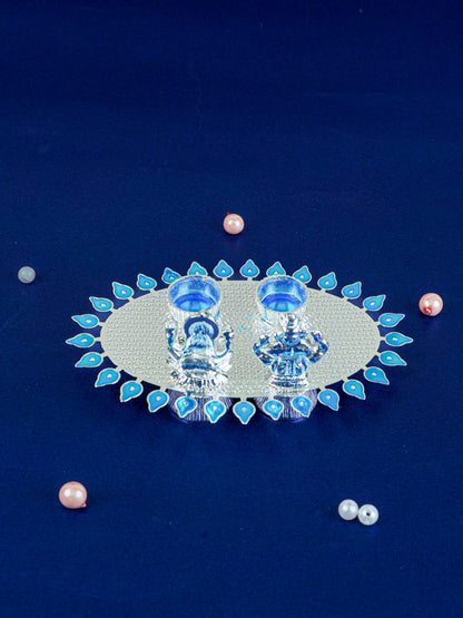 White Metal Lakshmi Ganesha Kumkum Holder - Blue - WL5586-2