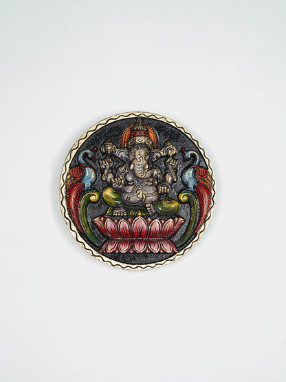 Wooden Carved Ganesha Round Frame - Purple - 12 inch - WL5620-1