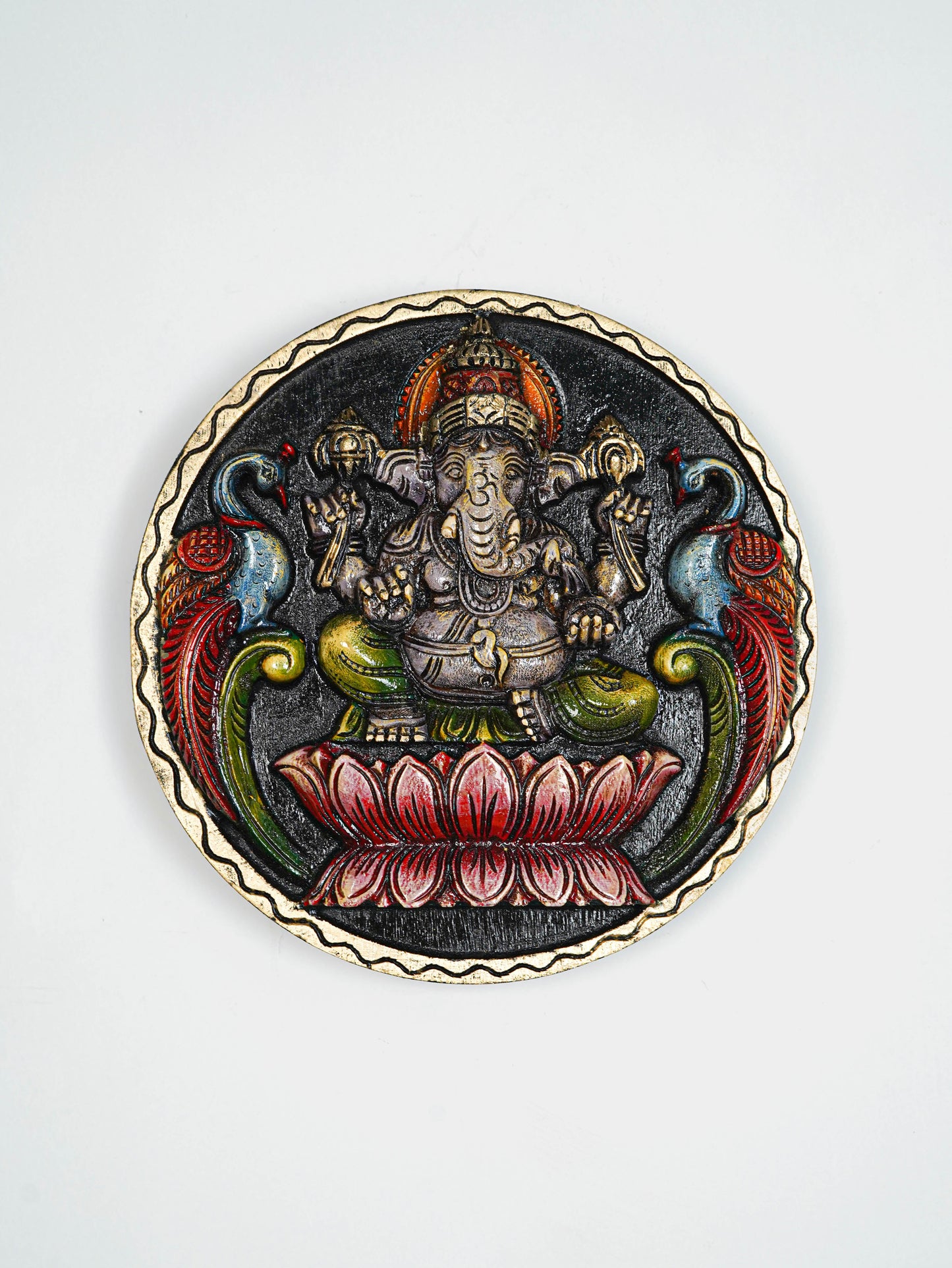 Wooden Carved Ganesha Round Frame - Purple - 12 inch - WL5620-1