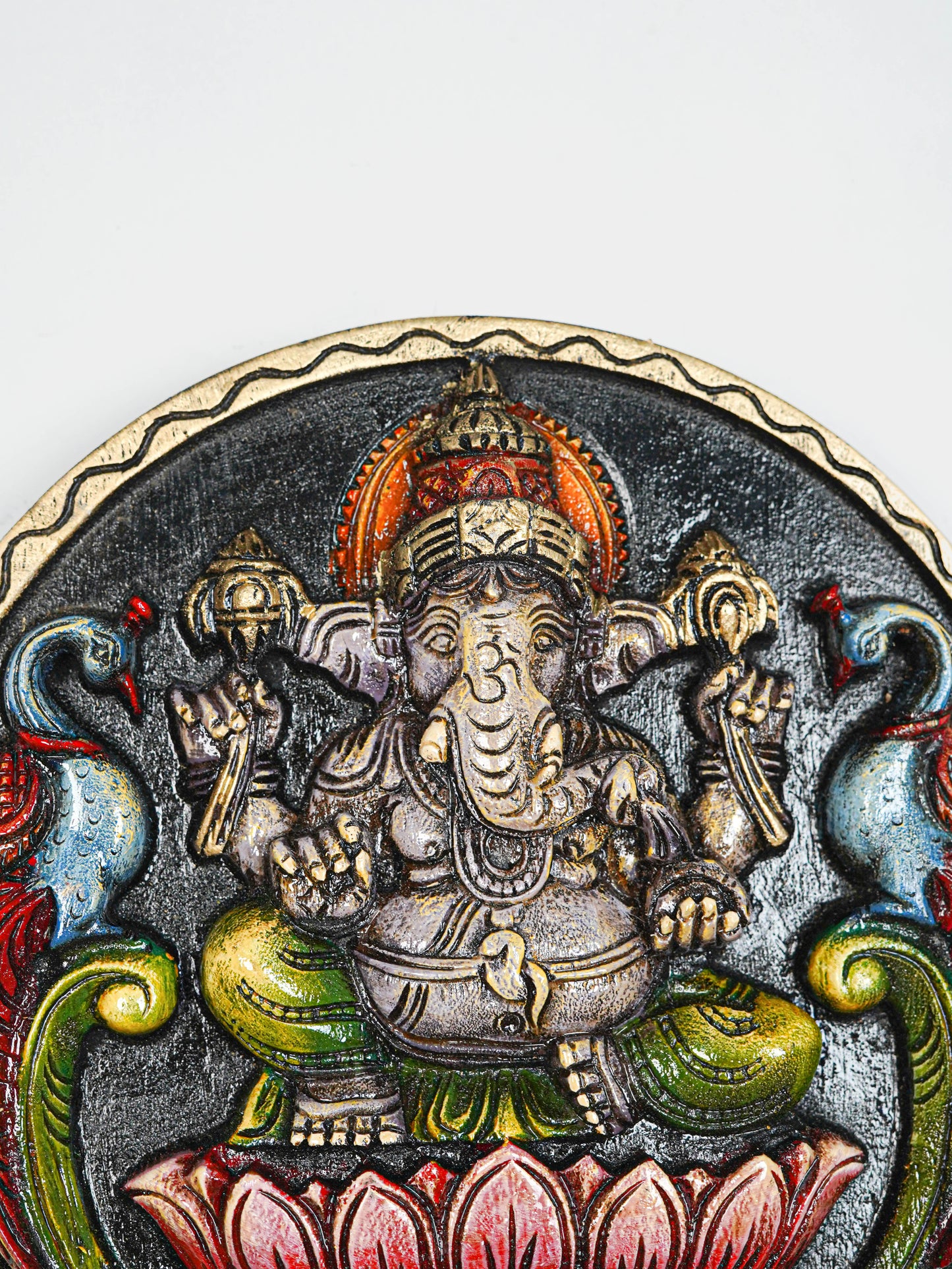 Wooden Carved Ganesha Round Frame - Purple - 12 inch - WL5620-1