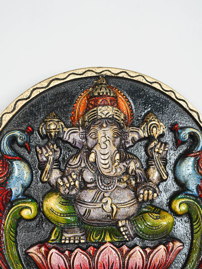 Wooden Carved Ganesha Round Frame - Purple - 12 inch - WL5620-1