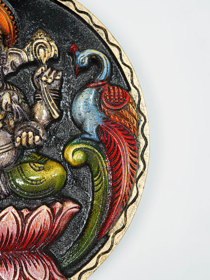 Wooden Carved Ganesha Round Frame - Purple - 12 inch - WL5620-1