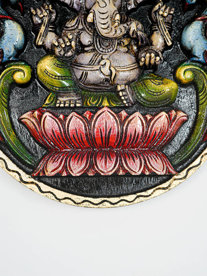 Wooden Carved Ganesha Round Frame - Purple - 12 inch - WL5620-1