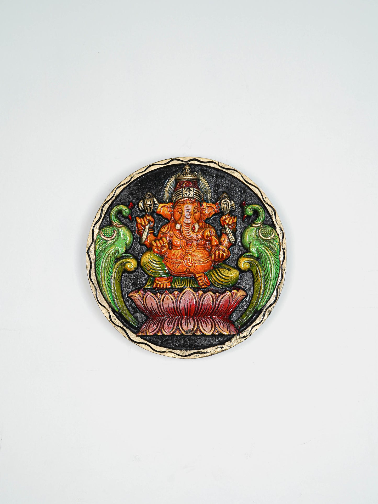 Wooden Carved Ganesha Round Frame - Orange - 12 inch - WL5620-2