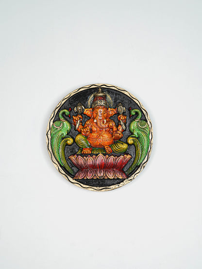 Wooden Carved Ganesha Round Frame - Orange - 12 inch - WL5620-2