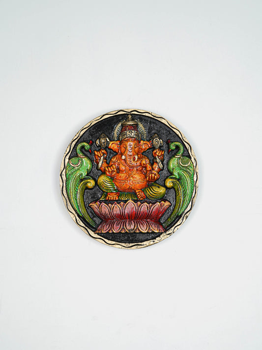 Wooden Carved Ganesha Round Frame - Orange - 12 inch - WL5620-2